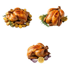 Roasted chicken with vegetables, Tasty grilled chicken, transparent background, rosemary, and lemon isolated on white