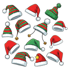 Nine Festive Santa Hats with White Pom Poms, Collage with Santa Claus hats set, Christmas and New Year celebration