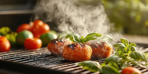 Tomatoes and greens cooking on a hot grill releasing steam with fresh basil garnishing a delicious plant based meal.