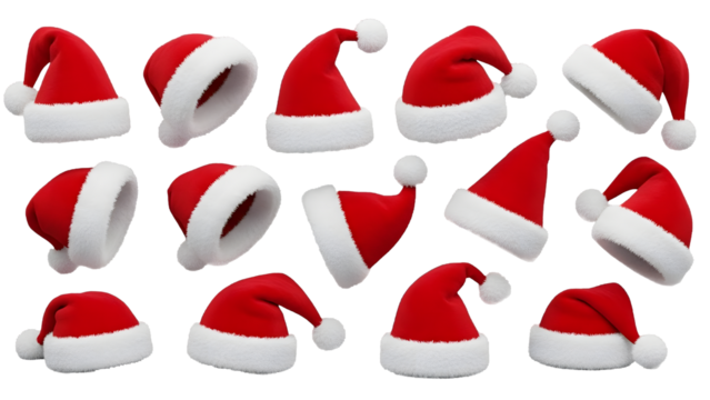 Collage with Santa Claus hats set, Christmas and New Year celebration, close-up object.