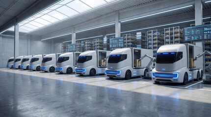 Autonomous electric delivery trucks lined up in a futuristic warehouse for logistics, cargo distribution, and smart inventory management