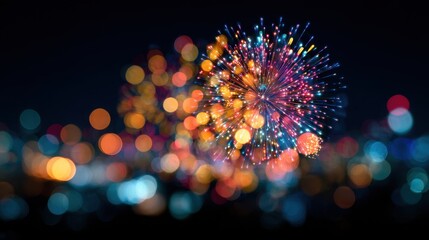 Artistic Bokeh Fireworks Bursting in Vibrant Colors Over Blurred Cityscape.