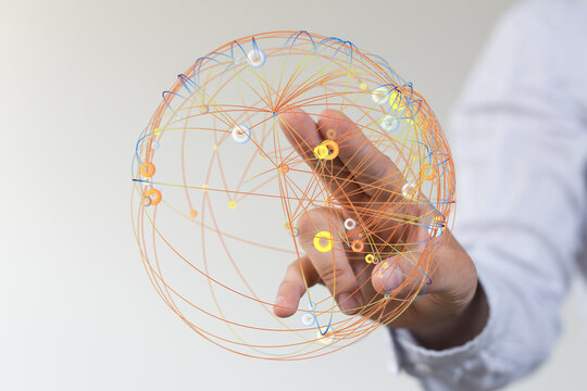 Abstract image of a hand touching a network globe. Representing global connection, communication, data transfer and digital world. Id