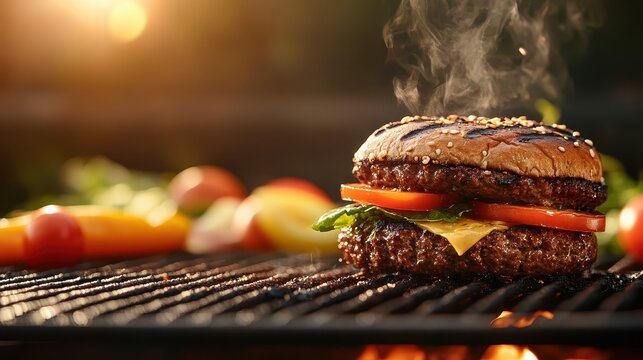 Juicy burger patty cooking on a grill with steam rising, fresh tomatoes, lettuce, and sesame seed bun, warm outdoor sunset lighting.