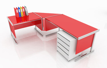 Roter Schreibtisch mit Aktenordnern