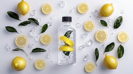 A refreshing composition featuring a water bottle with lemon slices, ice cubes, fresh green leaves, and whole and sliced lemons arranged on a white surface.