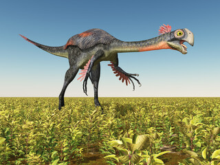 Dinosaurier Gigantoraptor in einer Landschaft
