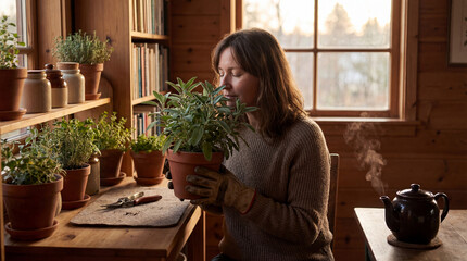woman enjoying aromatic indoor herbs in cozy wooden home with natural morning sunlight and steaming tea on a peaceful winter day
