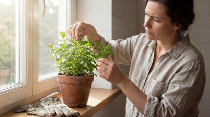 Woman caring for mint plant indoors near sunlit window, gently pruning stems and leaves in casual home gardening scene