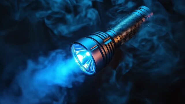 Metal flashlight shining bright blue in dark, smoky atmosphere