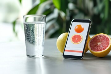 Smartphone displaying fruit app with orange and grapefruit image next to fresh grapefruit halves and glass of sparkling water on table in natural light