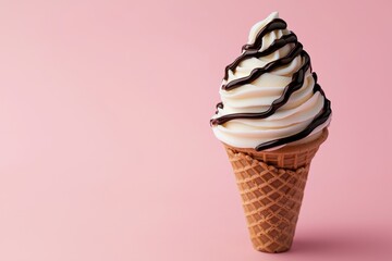 Creamy soft serve ice cream cone topped with rich chocolate syrup on waffle cone against pastel pink background, evoking sweet and delightful treat