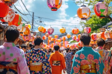 Vibrant Japanese festival scene with people wearing colorful traditional kimonos walking under bright paper lanterns hanging in street on sunny day, creating lively atmosphere