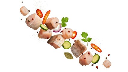 Obraz premium Colorful Raw Fish, Spicy Vegetables, Herbs, and Spices for Seafood