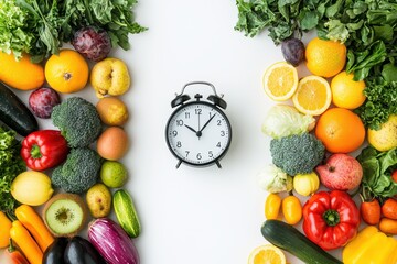 Fresh fruits and vegetables arranged around black alarm clock on white background, symbolizing healthy eating and time management for wellness and nutrition