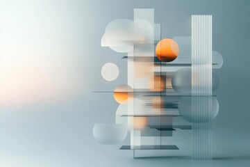 Abstract minimalist composition with layered translucent shapes and orange spheres creates calm and balanced modern art design in soft blue and white tones