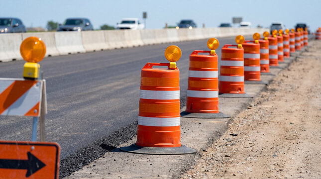 Orange construction barrels aligned on roadside during highway maintenance, guiding traffic with warning lights and safety barriers