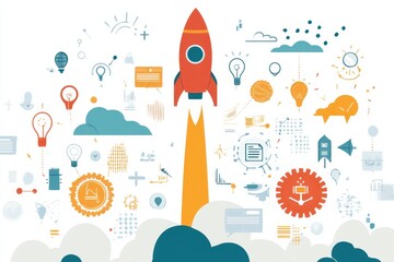 Colorful rocket launching upward surrounded by various icons representing ideas, innovation, and technology, symbolizing growth and creative progress