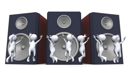 Hüpfende 3D Figuren vor Lautsprecherboxen © Michael Rosskothen