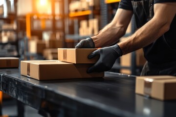 Worker packing cardboard box on conveyor belt in warehouse with gloves handling parcel for shipping and delivery service