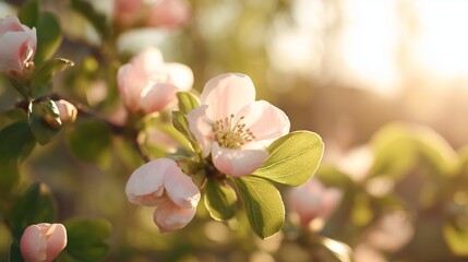 Spring blossoms bloom softly in golden sunlight during early morning hours