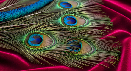 Elegant Peacock Feathers on Luxurious Pink Velvet Fabric Background