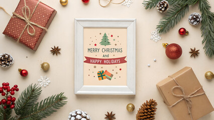 Merry Christmas and Happy Holidays greeting card, frame, banner. New Year. Christmas ornaments and gifts, presents on light beige background top view. Winter xmas holiday festive theme.	
