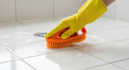 Hand wearing yellow glove scrubbing white bathroom tiles with orange brush and cleaning foam around metal drain on floor