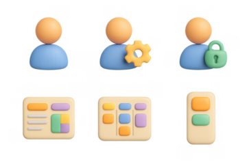 Colorful icon set: user profiles, lock, settings, graphs, and boards for user interface design