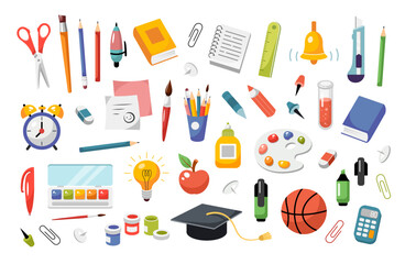 Back to school set. School supplies collection. Cartoon vector illustration. School elements. Study icons isolated on white