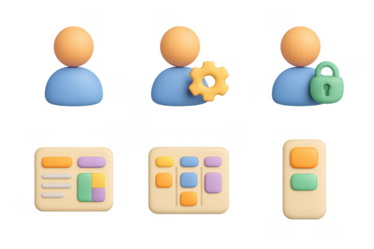 Colorful icon set: user profiles, lock, settings, graphs, and boards for user interface design