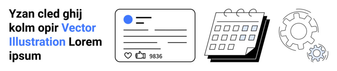 Social media, workflow planning, content management, user interfaces, automation, online engagement. Layout with social media post card, calendar and gear icon. Social media and workflow planning