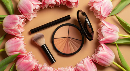 Soft pink tulips framing bronzer compact makeup brush and eyeliner on beige background for spring beauty and feminine cosmetics