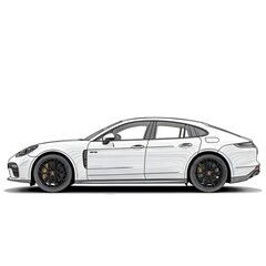 Fototapeta premium Side view illustration of a modern white luxury car with black wheels and sleek design isolated on a clean white background showcasing detail.