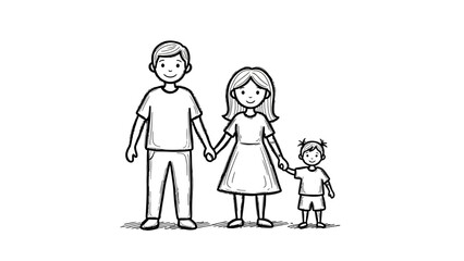 A simple black and white line drawing of a happy family, including a father, mother, and their young daughter, holding hands and smiling.