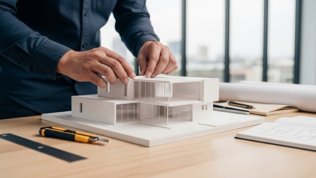 Architect Creates Detailed Scale Model of Contemporary House with Modern Design Carefully Assembling Structure Using Miniature Elements to Showcase Architectural Vision