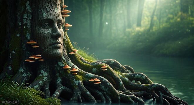 Ancient tree with a carved face, surrounded by lush greenery and mushrooms, reflecting a mystical connection to nature and the essence of pagan beliefs and polytheistic faith