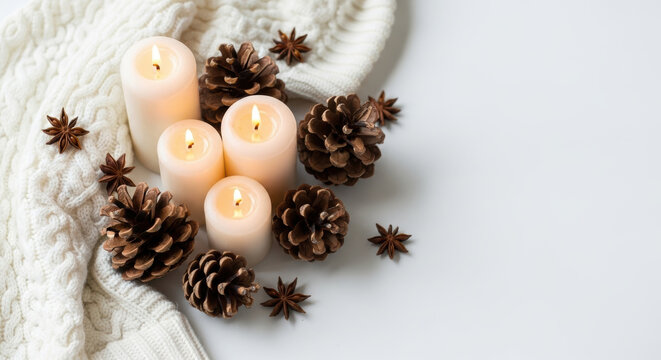 Soft candlelight with pinecones and knitted blanket creating cozy winter holiday home decor on white minimalist background