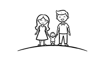 Illustration of a happy family standing together on a hill.