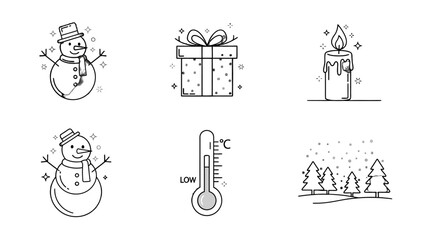 A collection of six black and white line art icons representing winter and Christmas themes like a snowman, gift, candle, and snowy landscape.