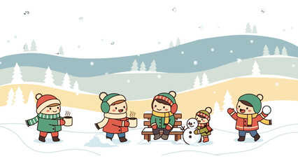 Children enjoying a snowy winter day, building a snowman and playing with snowballs.