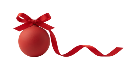 Red bauble, christmas ball with a ribbon decoration, isolated on transparent background.