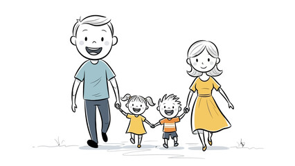 Illustration of a happy family walking together, holding hands, smiling, with a simple, cartoon-like style.