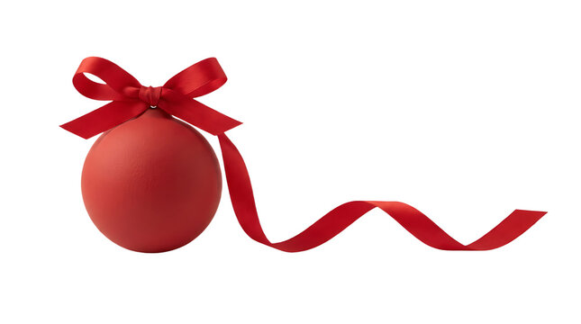 Red bauble, christmas ball with a ribbon decoration, isolated on transparent background.