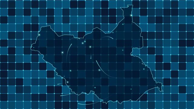 Digital grid map animation of South Sudan, Technology, Communication, Transportation