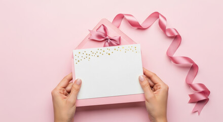 Elegant blank greeting card with golden stars and pink envelope ribbon for festive celebration invitations and special occasion messages