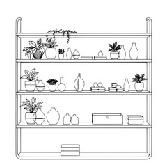 Clean outline drawing of a decorative indoor shelving system with sleek metal frames and rounded edges, holding a variety of potted plants with lush green leaves, small decorative objects like vintage