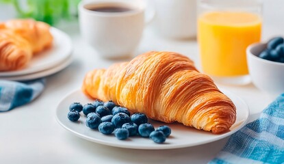 A croissant with fresh blueberries on a white plate, served with coffee and orange juice
