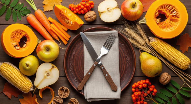 Autumn harvest table setting with pumpkins, apples, pears, corn, nuts, and cutlery on rustic wooden background - Powered by Adobe