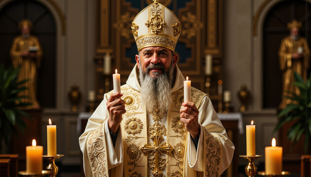 Orthodox priest blessing congregation with candle and cross in church  